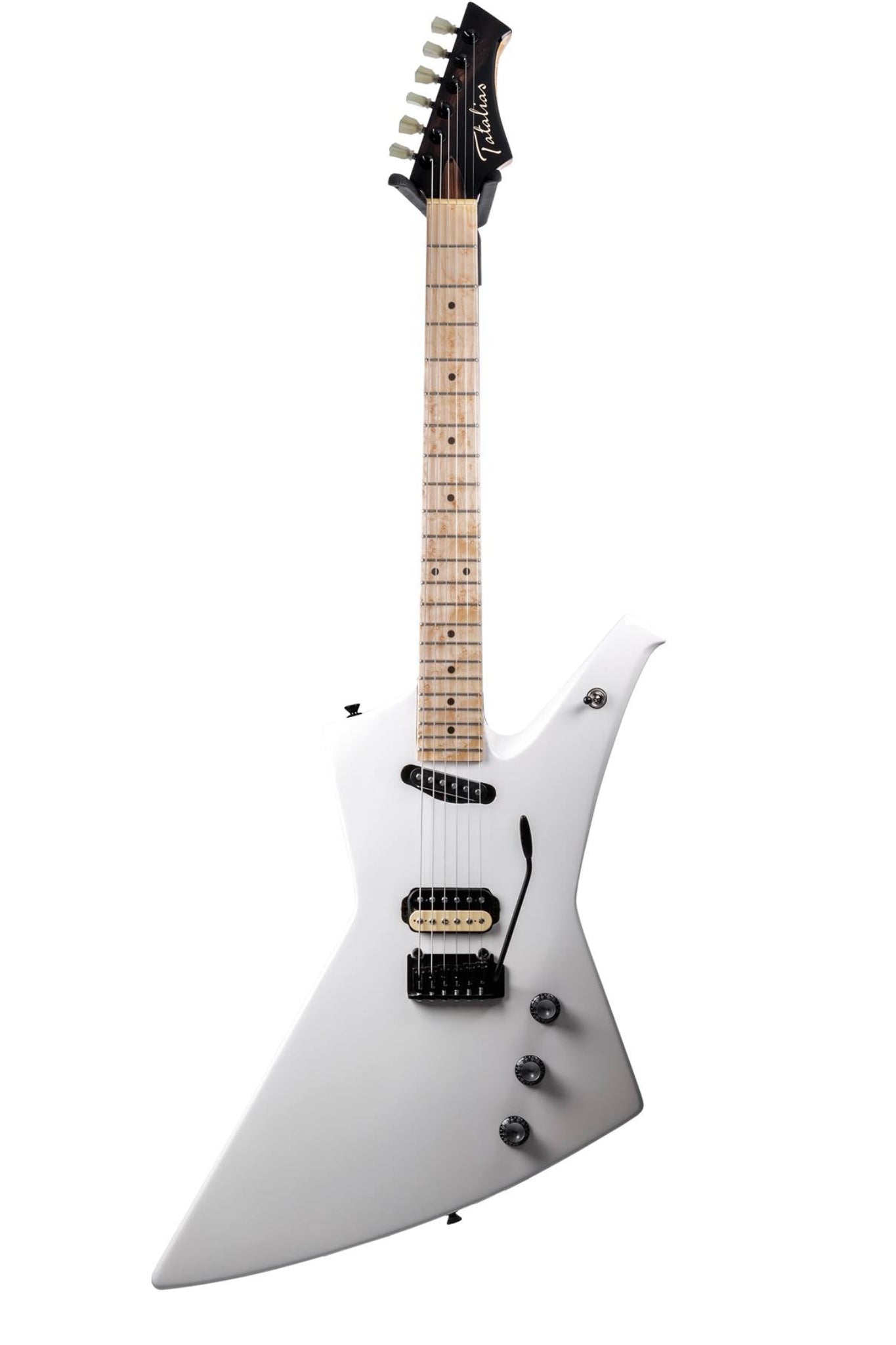 White electric guitar with a unique body shape on a white background